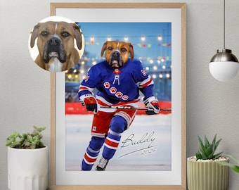 Custom Pet Portrait, Hockey Lover Gift, Hockey Pet, Sports Pet Portrait, Funny Hockey Gift, Custom Pet Hockey, Sports Lover Gift, New York