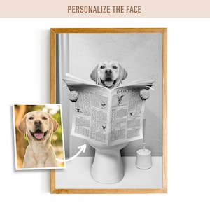 Custom Pet Portrait From Photo | Dog Read Newspaper In Toilet | Pet Illustration | Restroom Pet Portraits | Dog Mom | Custom Dog