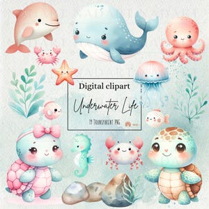 Clipart aquarelle créatures sous l'eau, animaux mignons amoureux, art pour chambre d'enfant, téléchargement numérique, baby shower, art imprimable, usage commercial