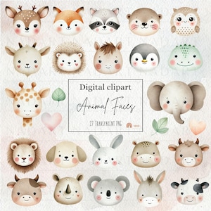 Clipart aquarelle visages d'animaux, animaux mignons, art pour chambre d'enfant, téléchargement numérique, décoration bébé, baby shower, art imprimable, usage commercial