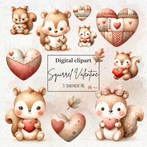 Aquarelle écureuil Saint-Valentin Clipart, animaux mignons amoureux, art pour chambre d'enfant, téléchargement numérique, baby shower, art imprimable, usage commercial