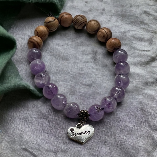 Amethyst, Tigerskin Sandlewood Stretch Bracelet with Serenity Charm