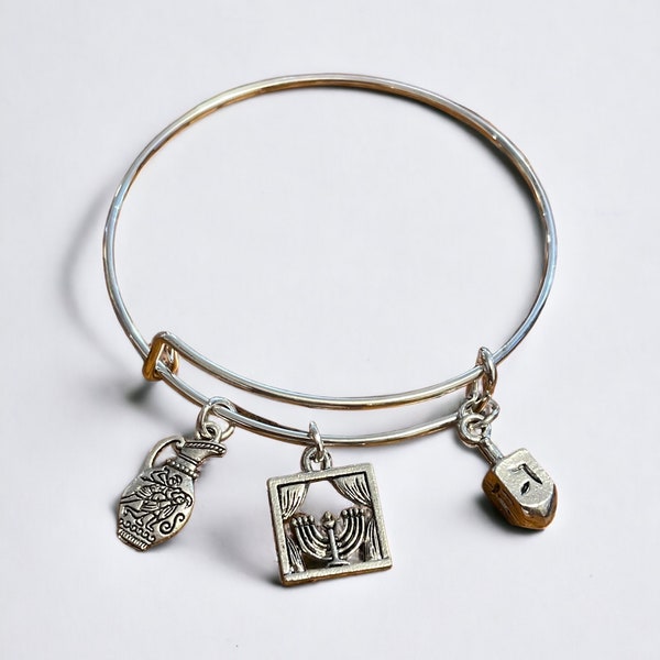 Hanukkah Charm Bracelet with Pewter Dreidel, Menorah, and Miracle Oil Jar Charms - Expandable, One-Size-Fits-All