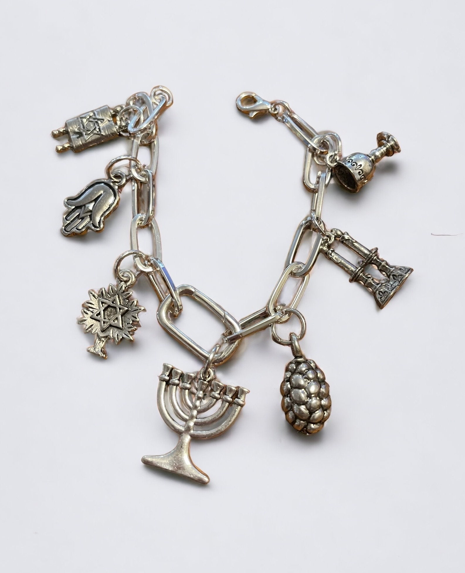 Jewish Charm Bracelet Featuring Torah Scroll Hamsa Star of David Tree Menorah Challah Shabbat Candles Kiddush Cup Etsy