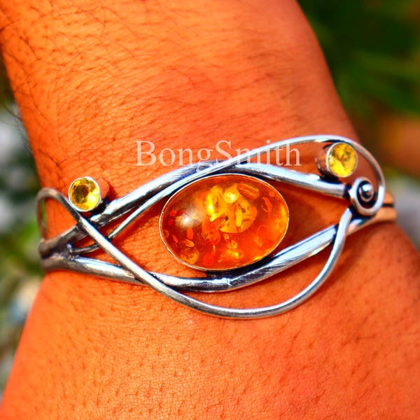 Baltic Amber & Citrine Silver Bangle | Adjustable Gemstone Cuff