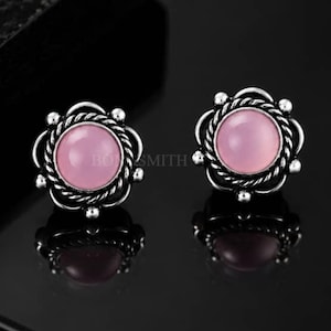 Örhängen med naturliga rosenkvarts i 925 sterlingsilver | Handgjorda örhängen med rosa ädelstenar | Vintage blommiga örhängen | Present till henne