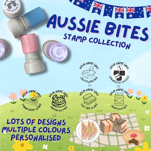 May include: Aussie Bites stamp collection with various designs. The image features several stamps with phrases like "Crustworthy" and "Mighty Effort!" Stamps are in pink, blue, and white. The text "Lots of Designs, Multiple Colours, Personalised" is also visible.