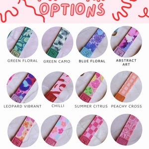 May include: An image showcasing various patterned straps, each with a unique design. Patterns include floral, camouflage, abstract art, leopard print, chili peppers, citrus, and checks. Text at the top reads "PATTERN OPTIONS".