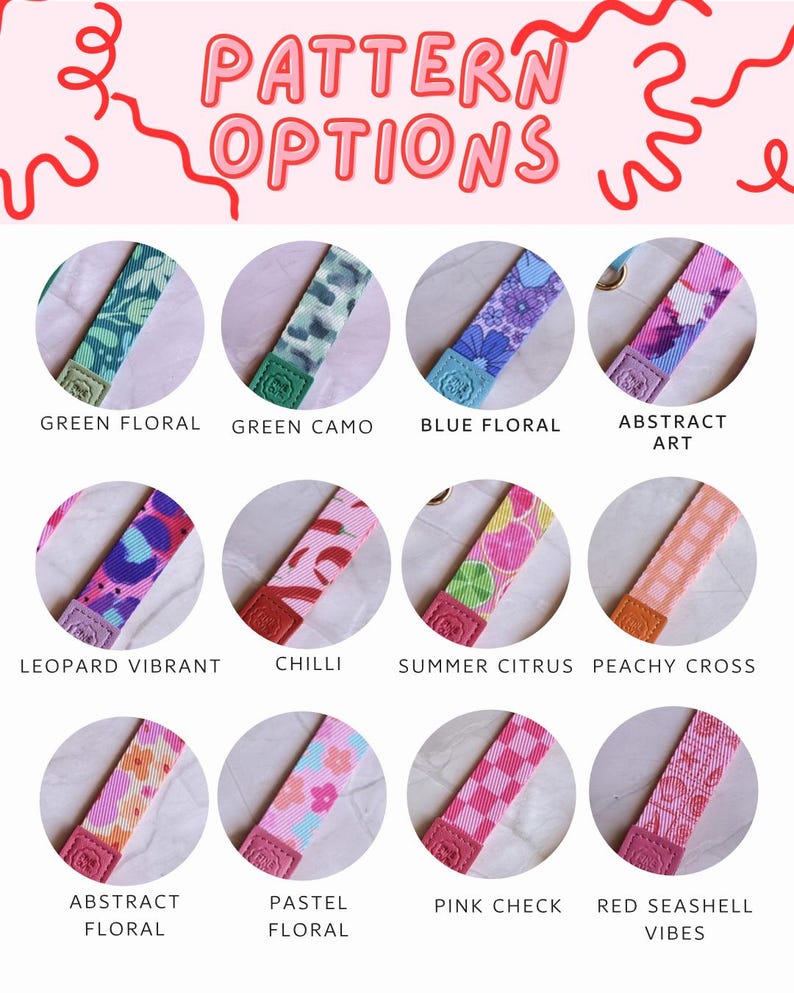 May include: An image showcasing various patterned straps, each with a unique design. Patterns include floral, camouflage, abstract art, leopard print, chili peppers, citrus, and checks. Text at the top reads "PATTERN OPTIONS".