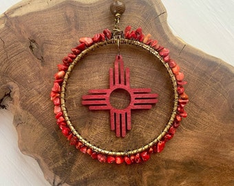 Zia Suncatcher, New Mexico Gift, NM Christmas Ornament, Red Southwest Rustic Home Holiday Plant Window Crystal Gemstone Decor