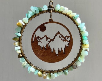 Mountain Sun Gemstone Suncatcher Ornament, Camping Wilderness Nature Cabin Hiking Outdoors Decor, Housewarming Sympathy Memorial Gift