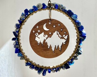 Mountain Moon Stars Gemstone Suncatcher Ornament, Camping Wilderness Nature Cabin Hiking Outdoors Decor, Housewarming Sympathy Memorial Gift