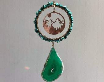 Mountain Sun Beaded Gemstone Suncatcher, Camping Wilderness Nature Cabin Hiking Outdoors Decor, Birthday Housewarming Sympathy Memorial Gift