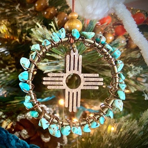 Zia New Mexico Christmas Ornament, Southwest Holiday Decor, Customizable Birthstone Gemstone Keepsake Gift, Crystal Charm Stocking Stuffer