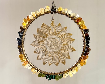 Sunflower Suncatcher Ornament Houseplant Accessory, Citrine Crystal Gemstone All-Occasion Gift, Gardening Housewarming Home Window Decor