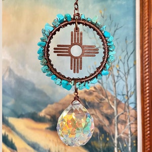 Zia New Mexico Suncatcher Rainbow Maker, Southwest Window Decor, Customizable Birthstone Gemstone Crystal Prism, NM Souvenir