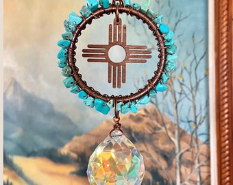 Zia New Mexico Suncatcher Rainbow Maker, Southwest Window Decor, Customizable Birthstone Gemstone Crystal Prism, NM Souvenir
