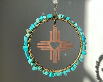 Zia Suncatcher, New Mexico Gift, NM Christmas Ornament, Southwest Home Holiday Plant Window Decor, Customizable Birthstone Crystal Gemstone