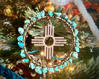 Zia New Mexico Christmas Ornament, Southwest Holiday Decor, Customizable Birthstone Gemstone Keepsake Gift, Crystal Charm Stocking Stuffer