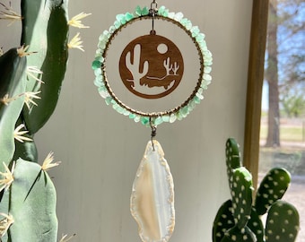 Saguaro Cactus Beaded Gemstone Suncatcher, Arizona Desert Southwest Window Houseplant Hanging Decor, Housewarming All-occasion AZ Gift