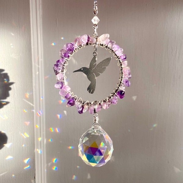 Hummingbird Suncatcher Crystal Gemstone Prism, Bird Spirit Animal Window Decor, Houseplant Accessory, Customizable Birthstone Birthday Gift