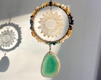 Sunflower Agate Suncatcher, Bronze Citrine Crystal Gemstone Flower All-Occasion Gift, Gardening Housewarming Houseplant Hanging Window Decor