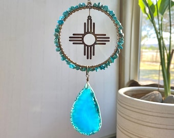 Zia Turquoise Agate Suncatcher, New Mexico Southwest Home Window Houseplant Decor, Crystal Gemstone NM Gift Souvenir Memento