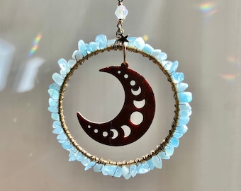 Crescent Moon Suncatcher Ornament, Birthstone Crystal Gemstone Moon Phases Celestial Window Decor, Plant Hanging Decor, All-occasion Gift