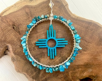 Zia Suncatcher, New Mexico Gift, NM Christmas Ornament, Turquoise Aqua Southwest Rustic Home Holiday Plant Window Crystal Stone Decor