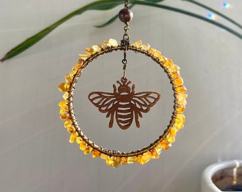 Bee Suncatcher Ornament, Citrine Gemstone Honey Glass Crystal Window Decor Houseplant Hanging Garden Nature Honeycomb Beekeeper Gift