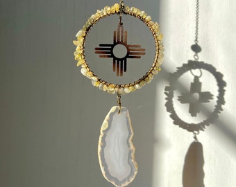 Zia Suncatcher, Crystal Gemstone Agate New Mexico Southwest Home Window Hanging Decor, Santa Fe Las Cruces Albuquerque NM Gift Souvenir