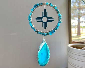Zia Apatite Blue Agate Suncatcher, New Mexico Southwest Home Window Houseplant Decor, Crystal Gemstone NM Gift Souvenir Memento