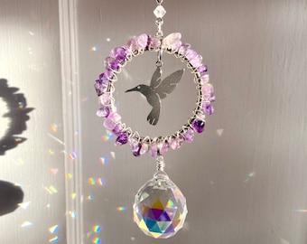 Hummingbird Suncatcher Crystal Gemstone Prism, Bird Spirit Animal Window Decor, Houseplant Accessory, Customizable Birthstone Birthday Gift