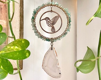 Hummingbird Beaded Gemstone Suncatcher, All-occasion Birthday Housewarming Sympathy Mother Gift, Agate Prism Window Hanging Decoration