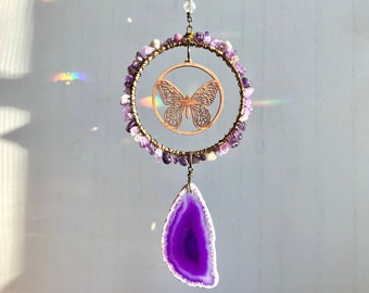 Butterfly Beaded Gemstone Suncatcher, All-occasion Birthday Housewarming Sympathy Mother Gift, Agate Prism Window Hanging Decoration