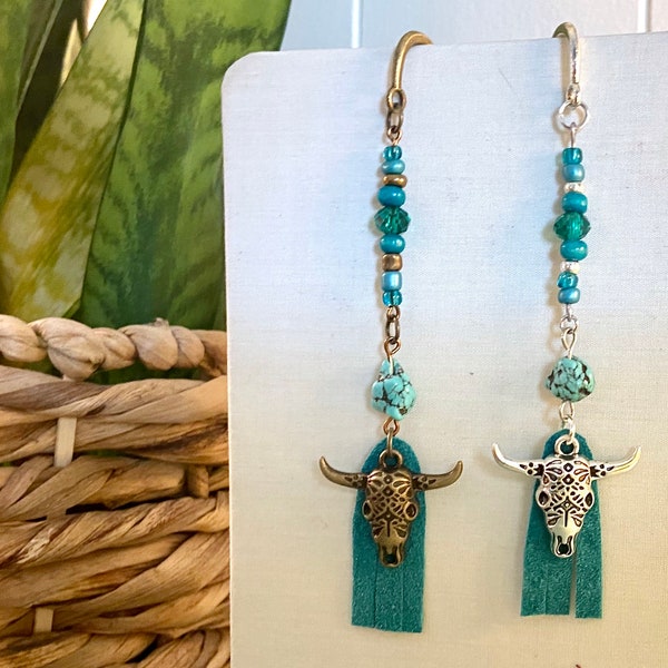 Turquoise Southwest Bookmark Gift, Cow Skull Farm Ranch Western Rustic Metal Beaded Leather Bookmark, Birthday Book Gift Stocking Stuffer