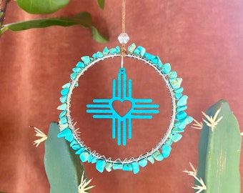 Zia Suncatcher, New Mexico Gift, NM Christmas Ornament, Turquoise Aqua Southwest Rustic Home Holiday Plant Window Crystal Stone Decor