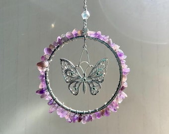 Butterfly Suncatcher Ornament Houseplant Accessory, Crystal Gemstone Birthstone Birthday Gift, Customizable Housewarming Home Window Decor