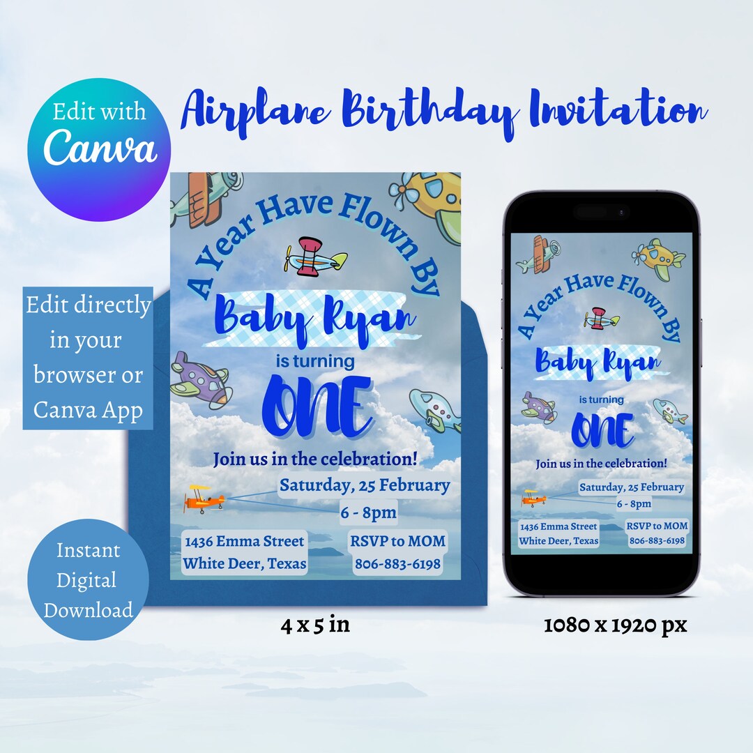 Airplane Birthday Invitation Template Plane Birthday Party Digital