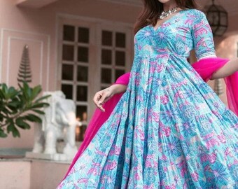 Anarkali Flaired kurti with pant & Nazmin dupatta with all lace