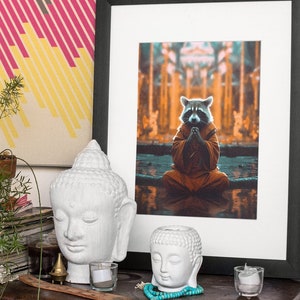 Raccoon Praying in Monastery Wall Art | Buddhist Spirit Animal | Premium Matte Vertical Poster | Zen | Spirituality | Spiritual Art
