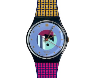 NEW in box 1991 Swatch Gent GOLD INLAY GB141 - unworn mint condition - new battery installed - brand new Swatch silicone strap - 34mm
