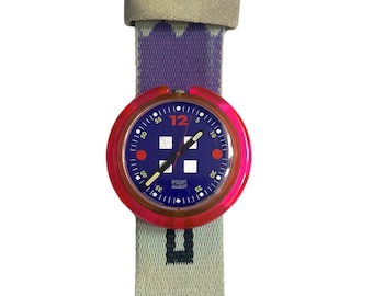 vintage Pop-Swatch CHECKPOINT PWK148 de 1991 - nouvelle batterie installée - état de fonctionnement d'occasion - diamètre 39 mm