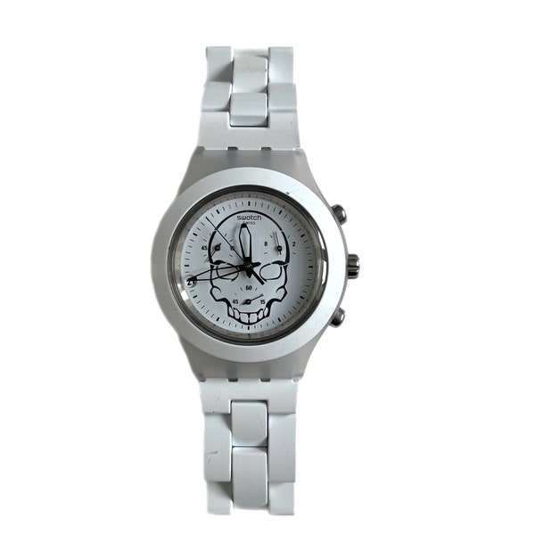 Swatch Irony Diaphane Chrono FULL BLOODED WHITE Skull SVCW4000AG - large metal strap - all functions working - 43mm