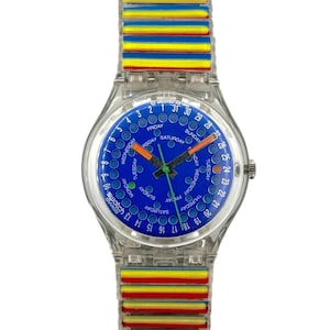 Peut inclure: Montre Swatch transparente avec un cadran bleu et un bracelet transparent à rayures colorées. Le cadran affiche les jours de la semaine et la date. La montre a un boîtier et un bracelet en plastique transparent avec des rayures rouges, jaunes et bleues.