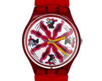 vintage 1992 Swatch Gent CHICCIRICHI GR112 - perfect unworn condition - new battery installed - 34mm - new red silicone Swatch strap