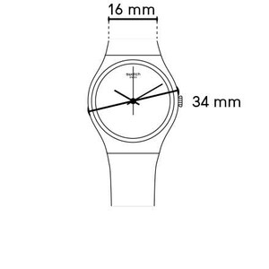 Peut inclure: Dessin au trait d'une montre-bracelet. Le cadran de la montre est rond, avec la marque "swatch" visible. Le bo&icirc;tier de la montre mesure 34 mm de diam&egrave;tre et le bracelet 16 mm de large.