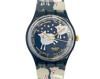 1995 Swatch Gent BLACK SHEEP GN150 - playful classic 90s watch with sheep on dial and strap - new and unworn