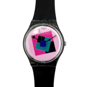 Swatch CRAZY SQUARE GA109 - black pink dual tone unisex watch with soft silicone band, 34mm diameter