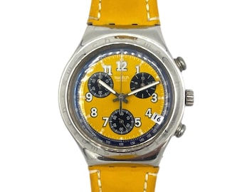 1998 Swatch Irony Chrono SECRET AGENT YELLOW YCS406D - vintage 90s chronograph watch with yellow leather band